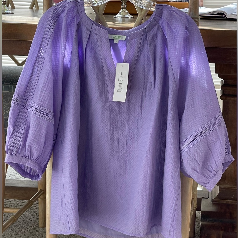 Jade Purple Puff Sleeve Ribbed Blouse